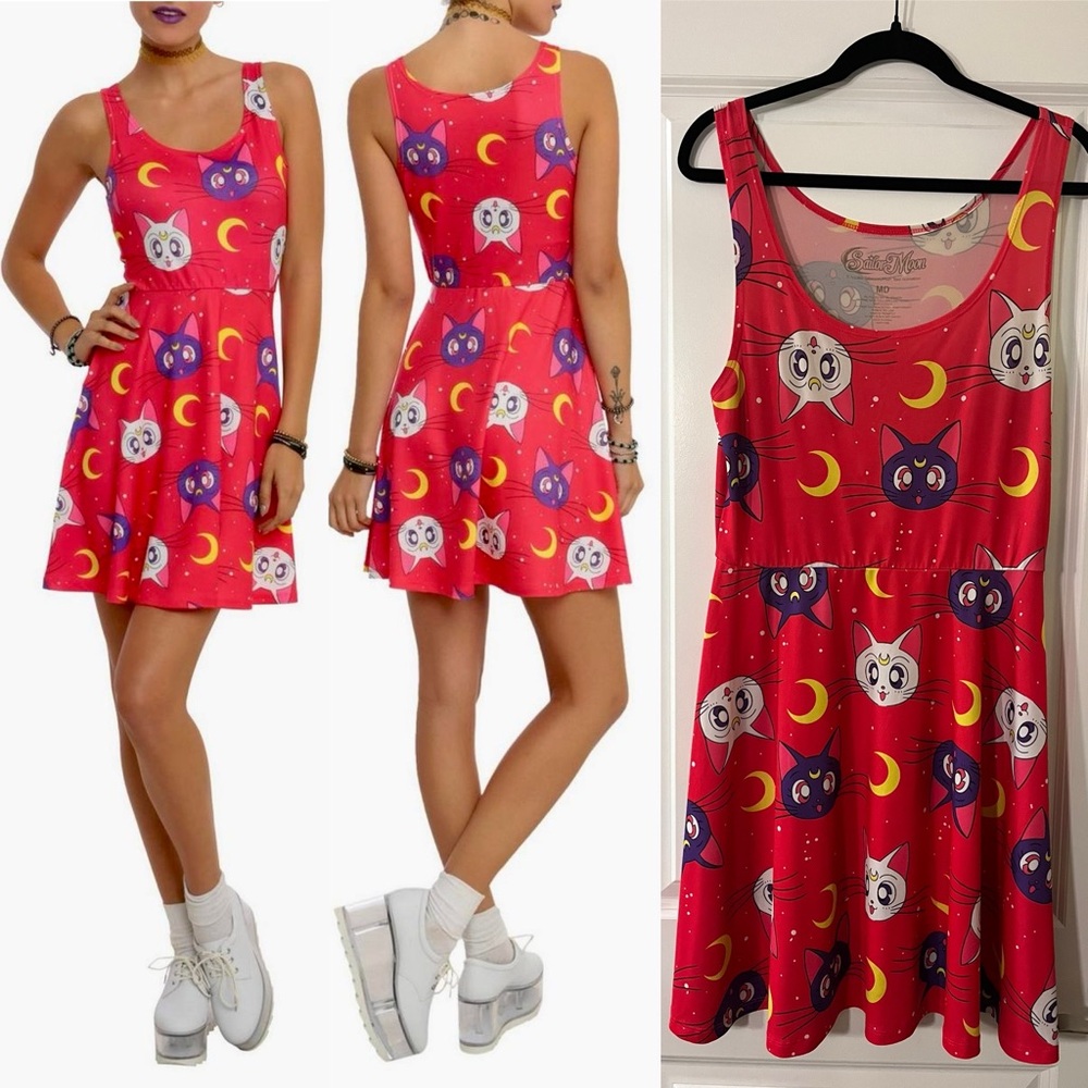 Hot Topic Sailor Moon Anime Luna & Artemis Red Stretch Sleeveless Skater Dress M
